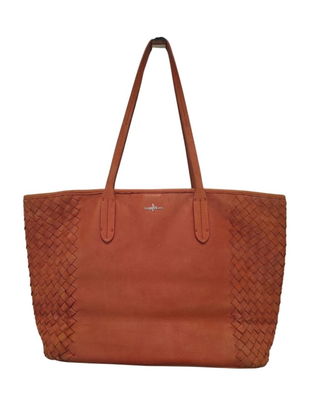 Vintage Cole Haan Woven Leather Shoulder Tote Bag In Burnt Orange